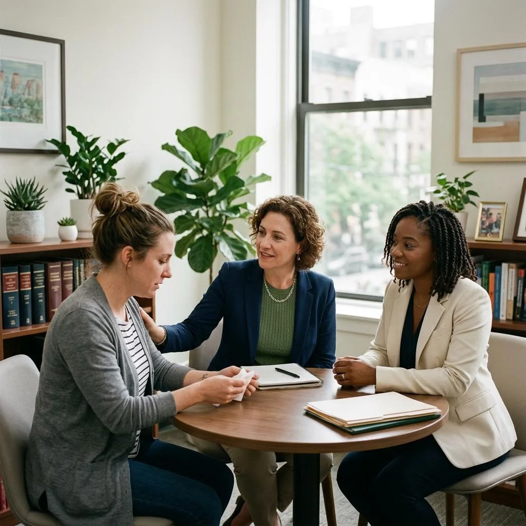 Abogadas reunidas con un cliente